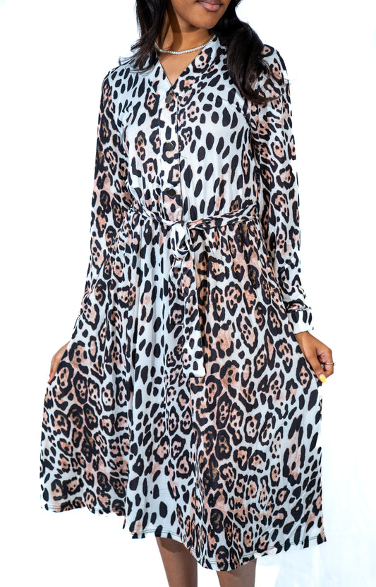 Belted Leopard Midi Dress